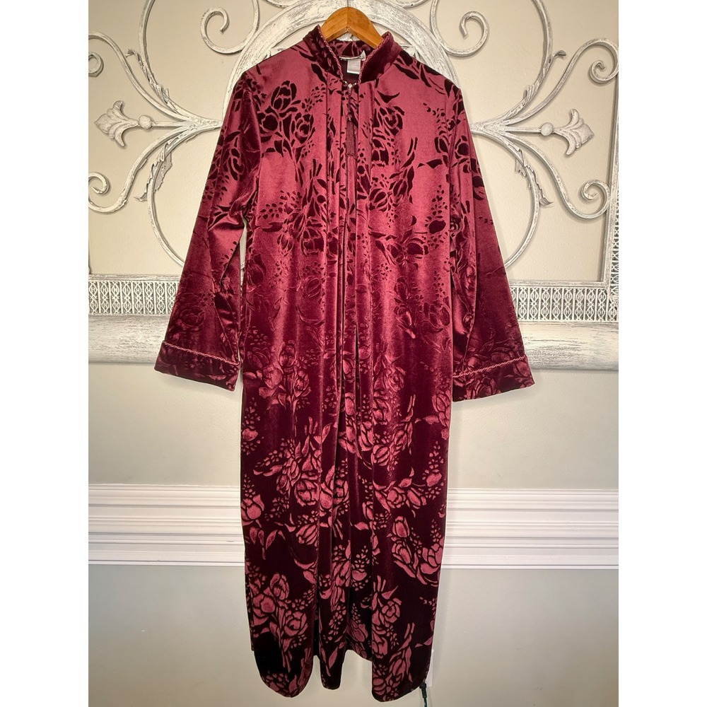 Jasmine Rose Vintage Burgundy Burnout Velvet Floral Zip Robe Tassel Size M EUC